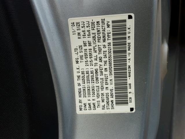 SHSRD68555U302156 - 2005 HONDA CR-V LX SILVER photo 10