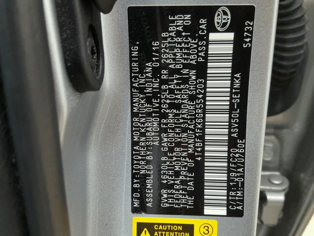 4T4BF1FK6GR554203 - 2016 TOYOTA CAMRY LE ნაცრისფერი ფოტო 10