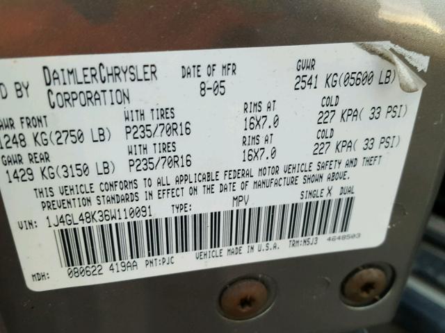 1J4GL48K36W110091 - 2006 JEEP LIBERTY BROWN photo 10