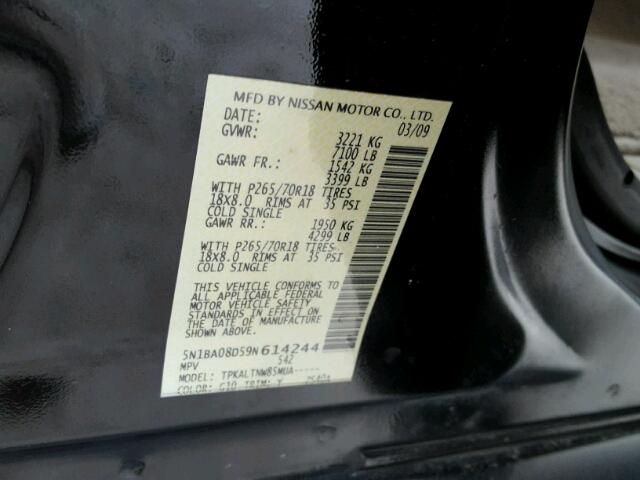 5N1BA08D59N614244 - 2009 NISSAN ARMADA SE BLACK photo 10