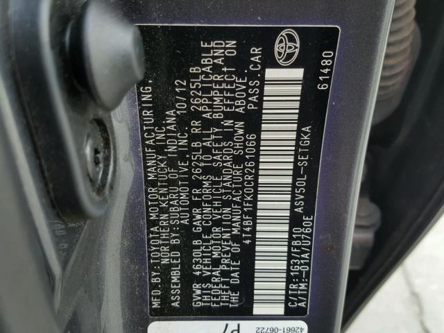 4T4BF1FK0CR261066 - 2012 TOYOTA CAMRY GRAY photo 10