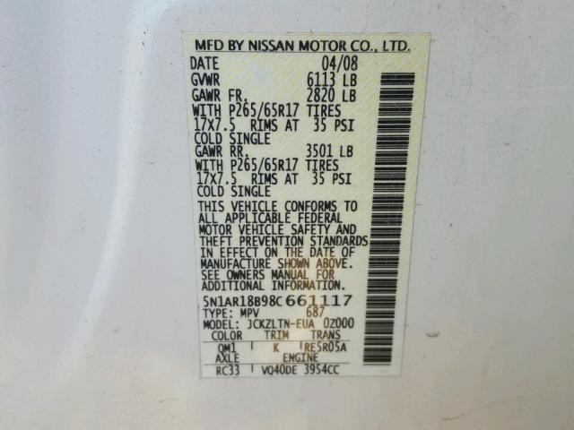 5N1AR18B98C661117 - 2008 NISSAN PATHFINDER WHITE photo 10