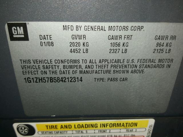 1G1ZH57B584212314 - 2008 CHEVROLET MALIBU 1LT ნაცრისფერი ფოტო 10