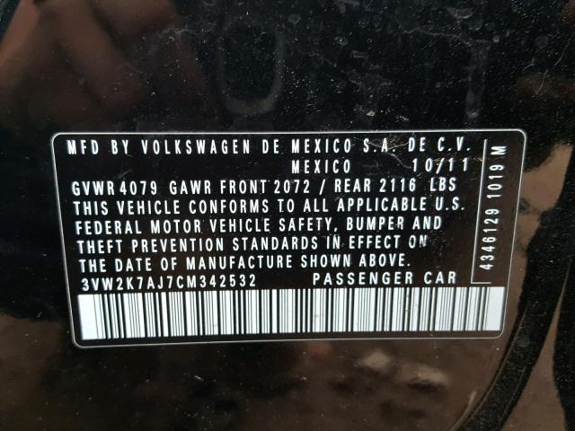 3VW2K7AJ7CM342532 - 2012 VOLKSWAGEN JETTA BASE 黑色 照片 10