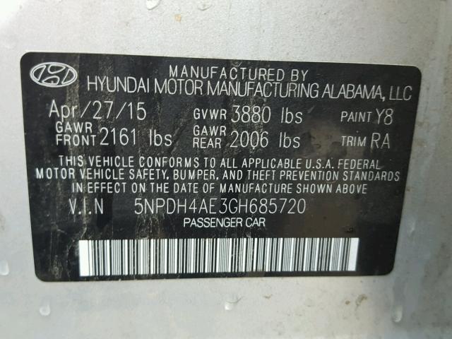 5NPDH4AE3GH685720 - 2016 HYUNDAI ELANTRA SE SILVER photo 10