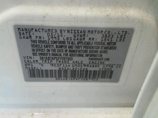 3N1AB7APXFY287903 - 2015 NISSAN SENTRA S WHITE photo 10