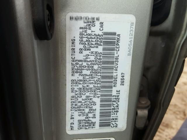 4T1BE32K13U236045 - 2003 TOYOTA CAMRY LE SILVER photo 10