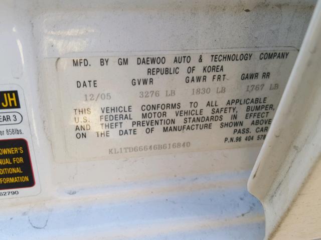 KL1TD66646B616840 - 2006 CHEVROLET AVEO BASE Biały zdjęcie 10