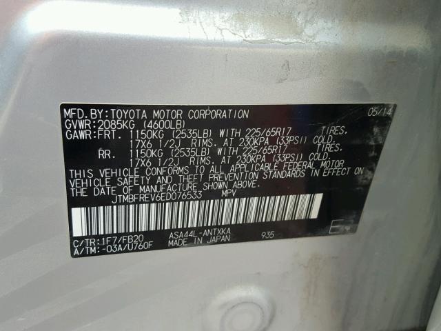 JTMBFREV6ED076533 - 2014 TOYOTA RAV4 LE Gümüş foto 10