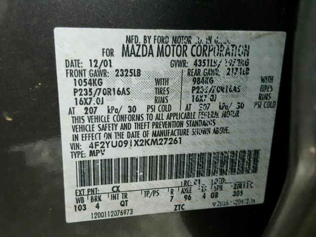 4F2YU091X2KM27261 - 2002 MAZDA TRIBUTE LX GRAY photo 10