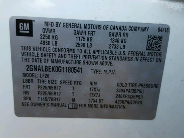 2GNALBEK0G1180541 - 2016 CHEVROLET EQUINOX LS WHITE photo 10