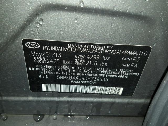 5NPEB4AC9DH739635 - 2013 HYUNDAI SONATA GLS GRAY photo 10