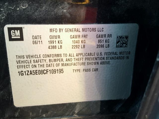 1G1ZA5E08CF109195 - 2012 CHEVROLET MALIBU LS შავი ფოტო 10