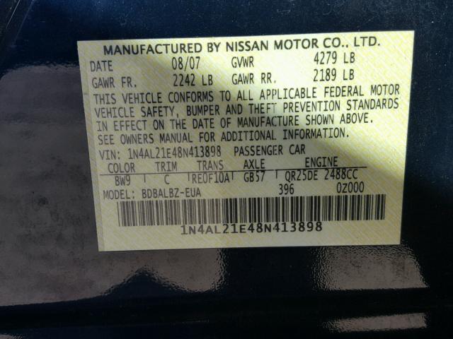 1N4AL21E48N413898 - 2008 NISSAN ALTIMA 2.5 BLUE photo 10