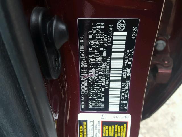 4T1BK1EB1DU037667 - 2013 TOYOTA AVALON BAS MAROON photo 10