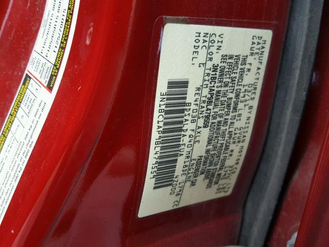 3N1BC1AP9BL479559 - 2011 NISSAN VERSA S RED photo 10