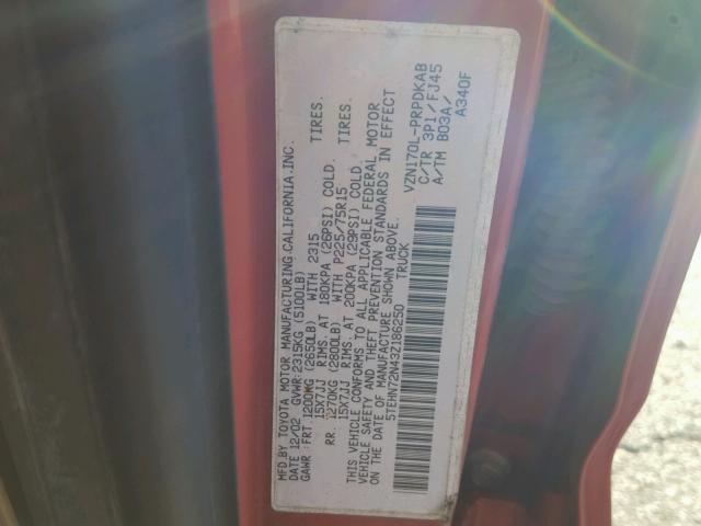 5TEHN72N43Z186250 - 2003 TOYOTA TACOMA DOU RED photo 10