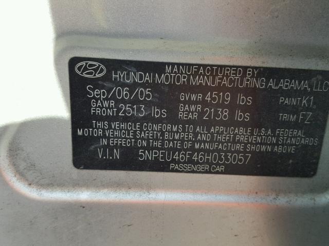 5NPEU46F46H033057 - 2006 HYUNDAI SONATA GLS SILVER photo 10