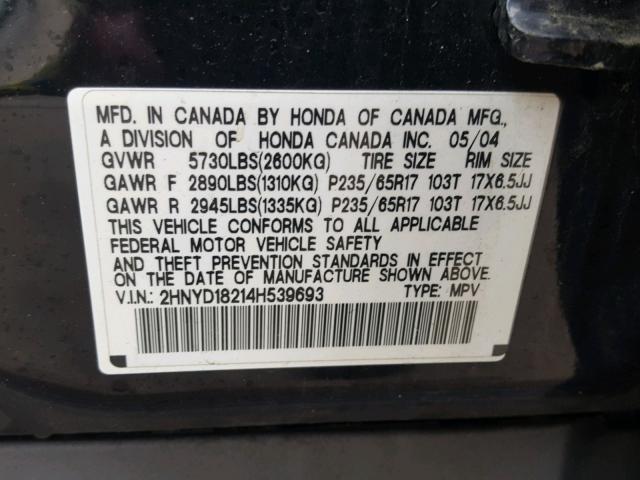 2HNYD18214H539693 - 2004 ACURA MDX BLACK photo 10