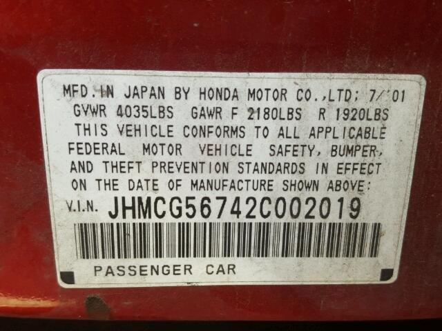 JHMCG56742C002019 - 2002 HONDA ACCORD RED photo 10