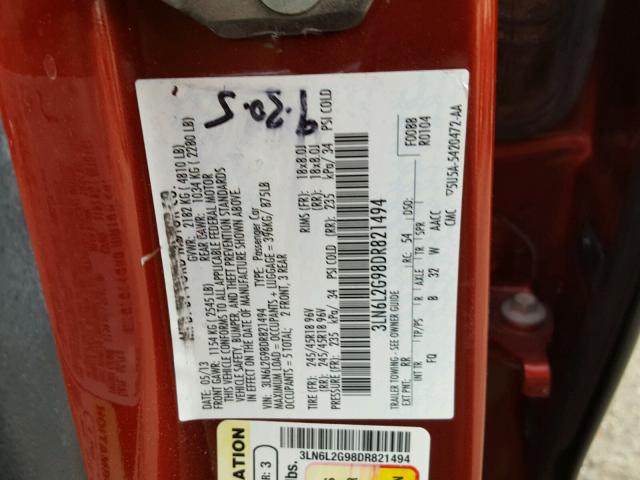 3LN6L2G98DR821494 - 2013 LINCOLN MKZ Կարմիր լուսանկար 10