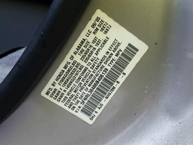 5FNRL38486B406139 - 2006 HONDA ODYSSEY EX SILVER photo 10