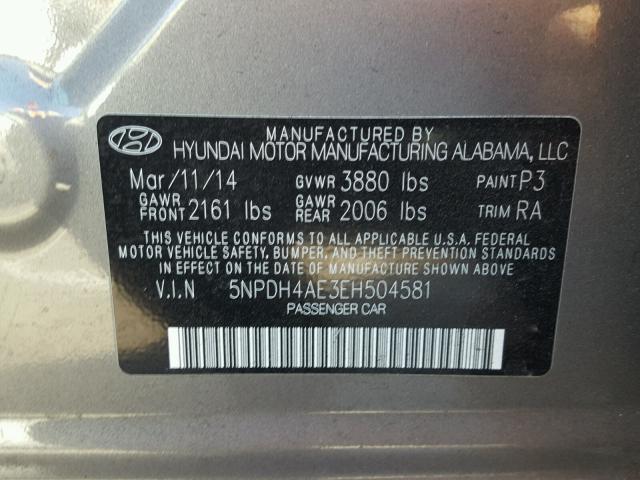 5NPDH4AE3EH504581 - 2014 HYUNDAI ELANTRA SE GRAY photo 10