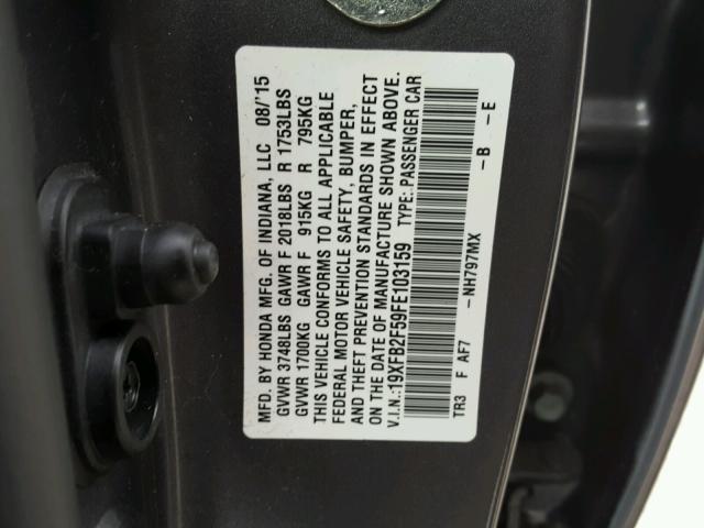 19XFB2F59FE103159 - 2015 HONDA CIVIC LX GRAY photo 10