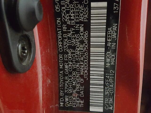 JTDKB20U267504986 - 2006 TOYOTA PRIUS 红色 照片 10