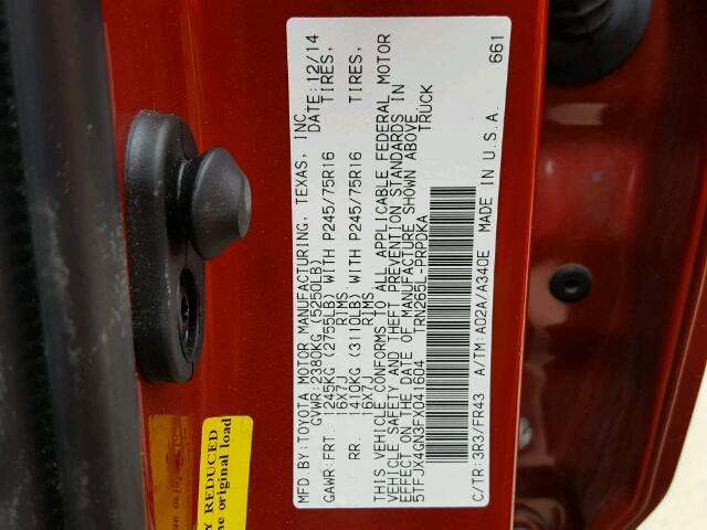 5TFJX4GN3FX041604 - 2015 TOYOTA TACOMA DOU RED photo 10