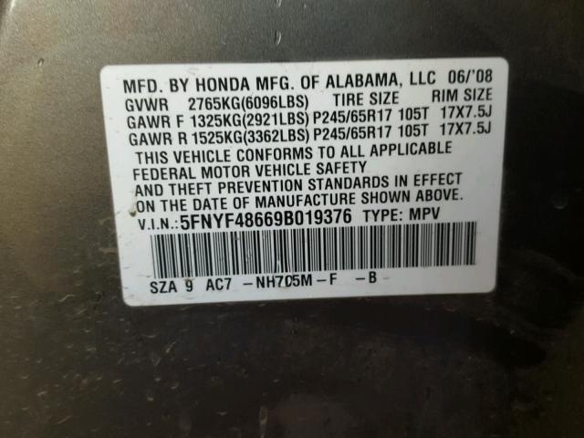 5FNYF48669B019376 - 2009 HONDA PILOT EXL GRAY photo 10