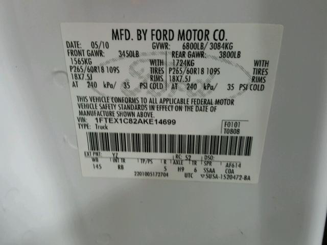 1FTEX1C82AKE14699 - 2010 FORD F150 SUPER WHITE photo 10