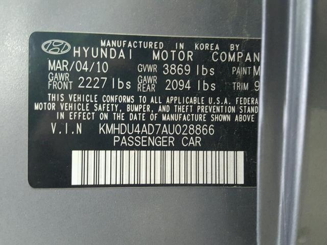 KMHDU4AD7AU028866 - 2010 HYUNDAI ELANTRA BL GRAY photo 10