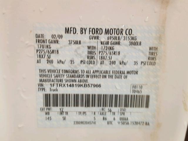 1FTRX14819KB57966 - 2009 FORD F150 SUPER WHITE photo 10