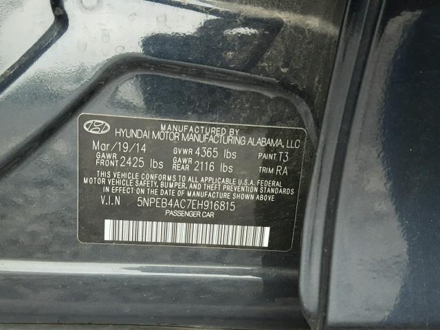 5NPEB4AC7EH916815 - 2014 HYUNDAI SONATA GLS BLACK photo 10