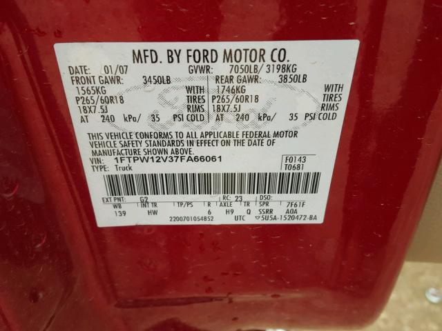 1FTPW12V37FA66061 - 2007 FORD F150 SUPER RED photo 10