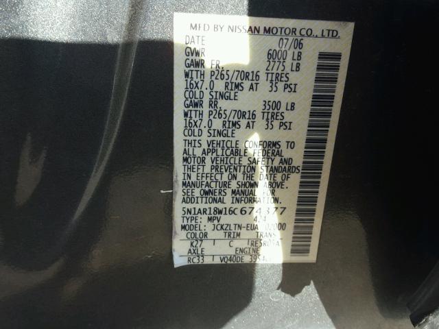 5N1AR18W16C674377 - 2006 NISSAN PATHFINDER GRAY photo 10