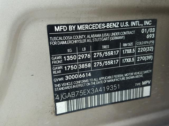 4JGAB75EX3A419351 - 2003 MERCEDES-BENZ ML 500 GOLD photo 10