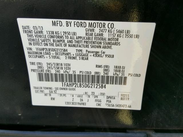 1FAHP2L85DG212584 - 2013 FORD TAURUS POL BLACK photo 10