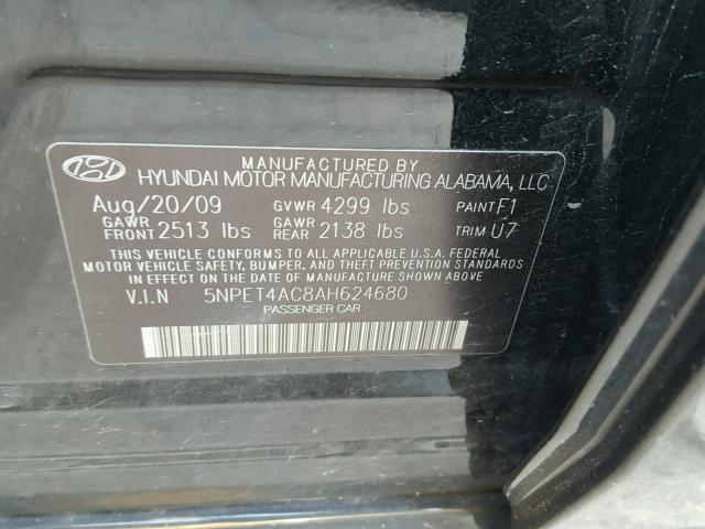 5NPET4AC8AH624680 - 2010 HYUNDAI SONATA BLACK photo 10