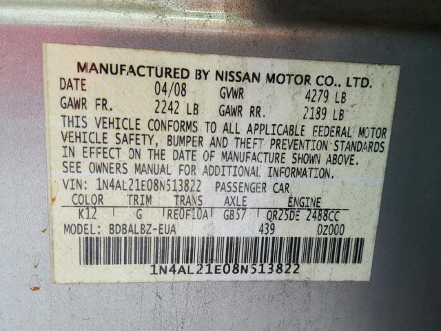 1N4AL21E08N513822 - 2008 NISSAN ALTIMA 2.5 SILVER photo 10