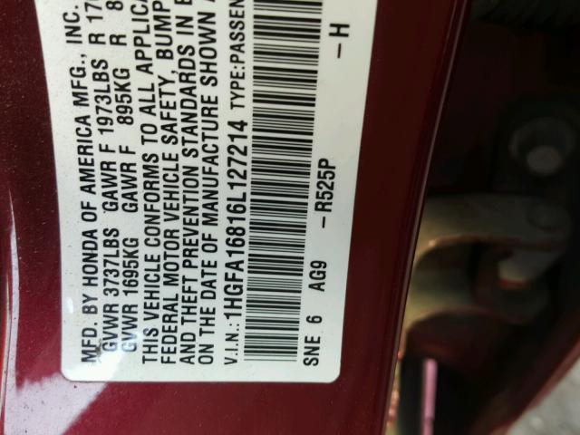 1HGFA16816L127214 - 2006 HONDA CIVIC EX RED photo 10