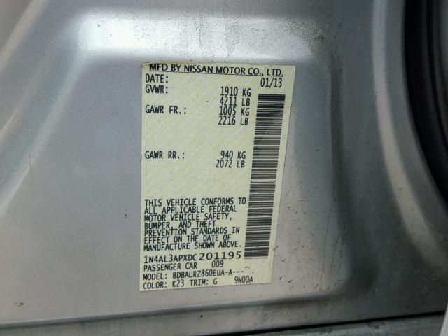 1N4AL3APXDC201195 - 2013 NISSAN ALTIMA 2.5 SILVER photo 10