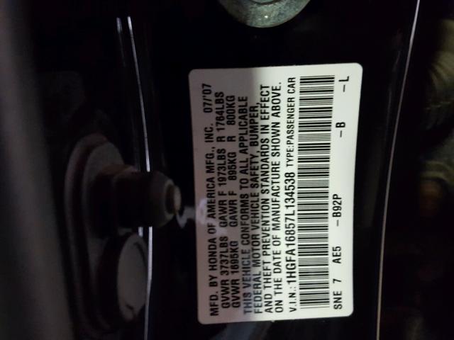 1HGFA16857L134538 - 2007 HONDA CIVIC EX BLACK photo 10