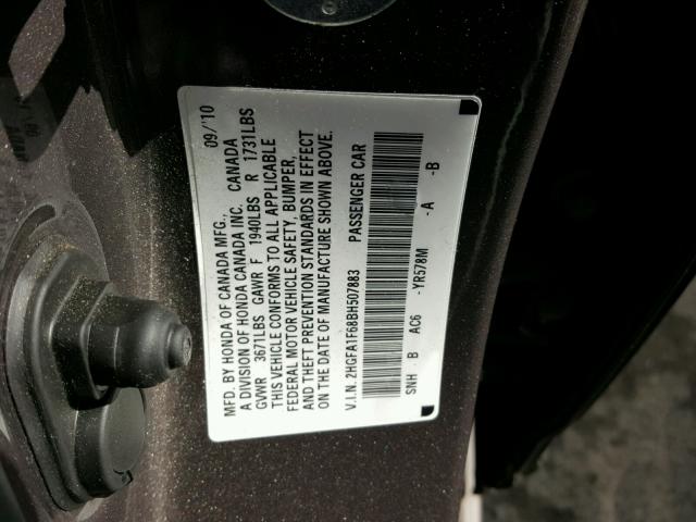 2HGFA1F68BH507883 - 2011 HONDA CIVIC LX-S Plata foto 10