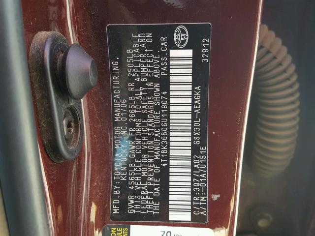 4T1BK36B06U118074 - 2006 TOYOTA AVALON XL RED photo 10