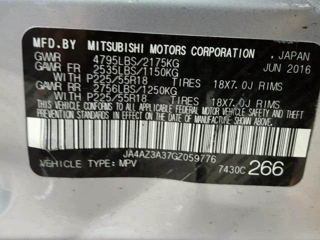 JA4AZ3A37GZ059776 - 2016 MITSUBISHI OUTLANDER SILVER photo 10