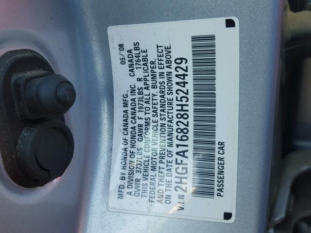 2HGFA16828H524429 - 2008 HONDA CIVIC EX SILVER photo 10