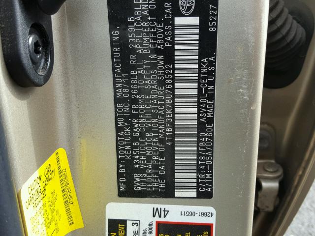 4T1BF3EK7BU768522 - 2011 TOYOTA CAMRY BASE BROWN photo 10