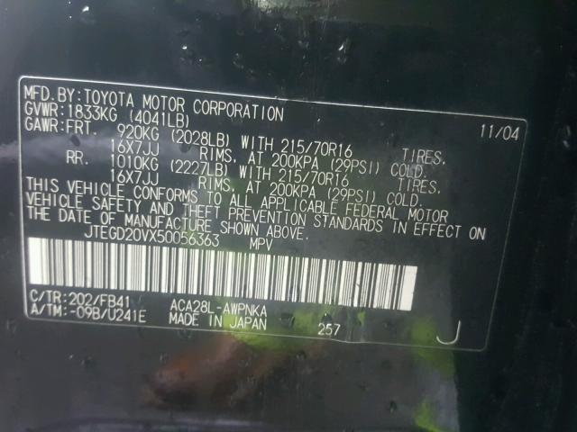 JTEGD20VX50056363 - 2005 TOYOTA RAV4 BLACK photo 10